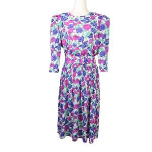 Vintage 80s Pellini purple and blue floral print a-line dress 8